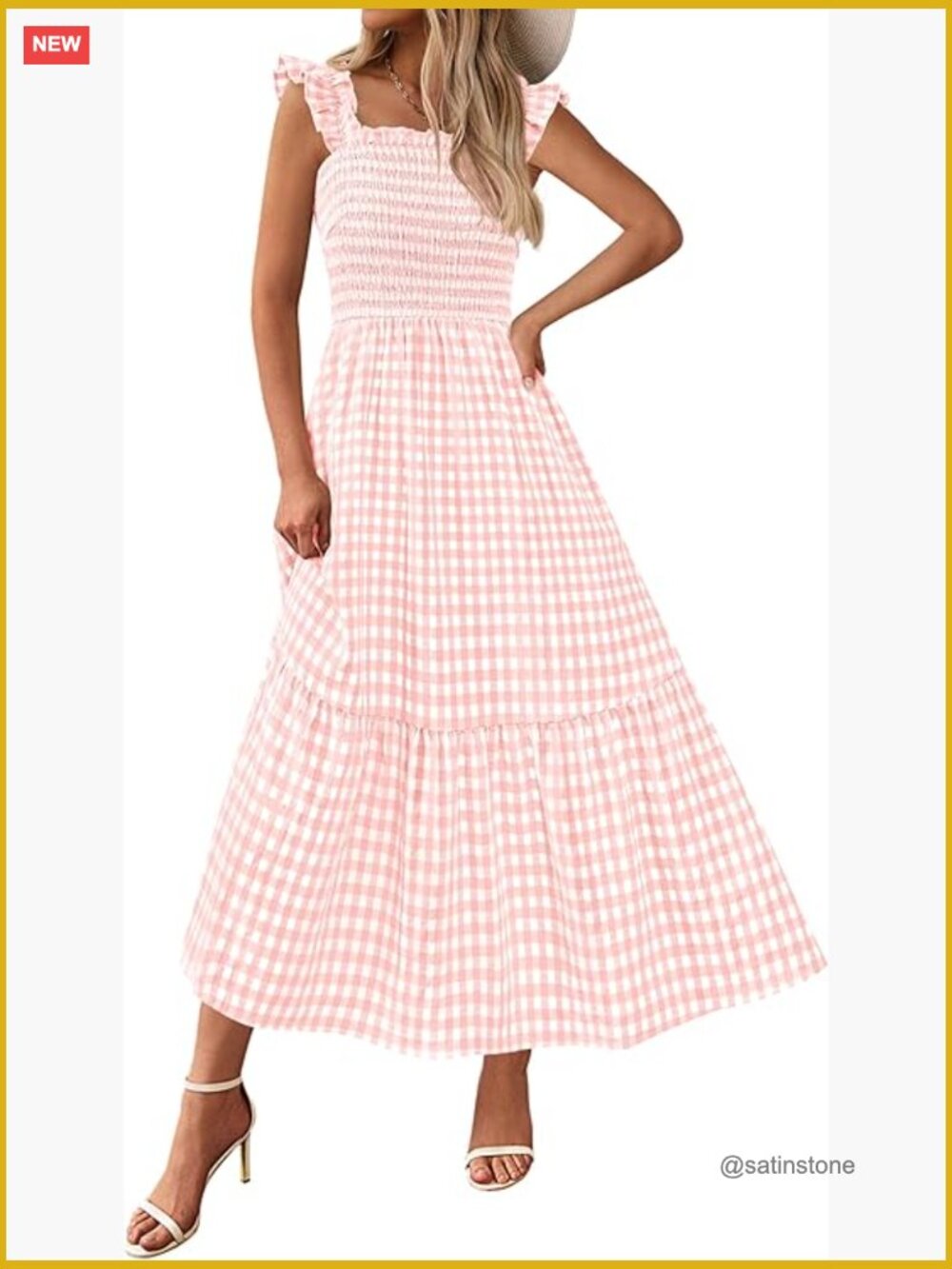 Square Neck Ruffle Strap Gingham Smocked Midi Flowy A Line Dress